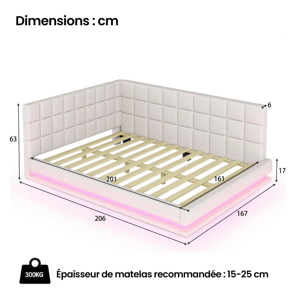 OKWISH Letto Divano 160×200 cm, Letto Matrimoniale con LED Multicolore, USB e Doghe, senza Materasso, in Tessuto Lino, Beige