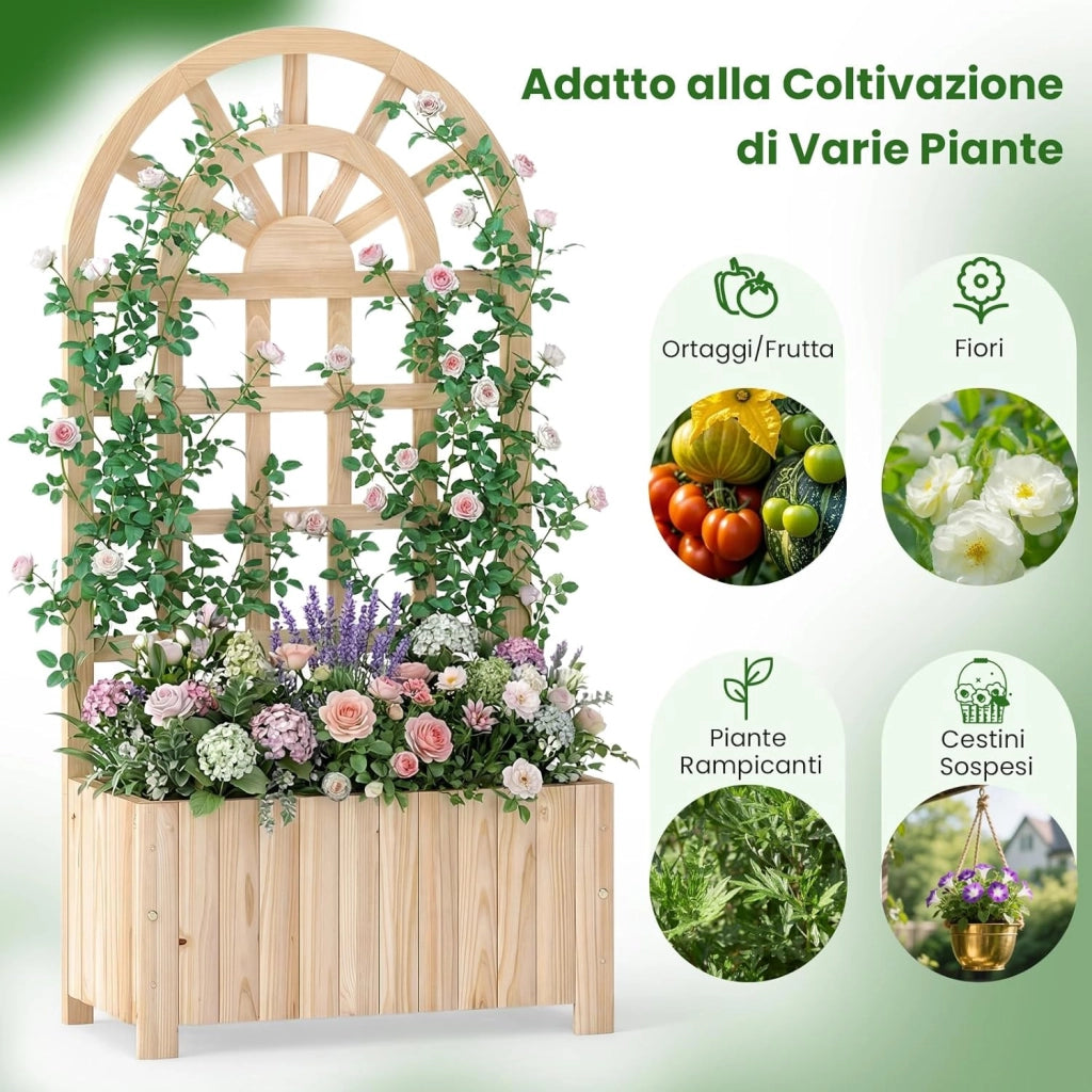 Letto da Giardino Rialzato in Legno con Traliccio, Fioriera da Esterno con Spalliera e Fori di Drenaggio, Aiuola Elevata per Piante Rampicanti, Fiori e Verdure (Naturale,61 x 30 x 121 cm)