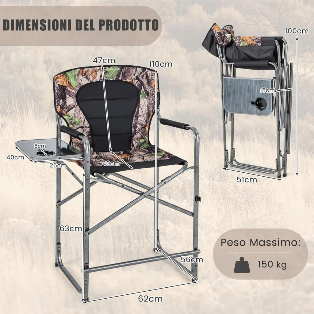 Set da Caccia Pieghevole per Esterno, Sedili da Caccia con Braccioli e Schienale, con Poggiapiedi Rimovibile, Tavolino Laterale, Supporto Fino a 150 kg