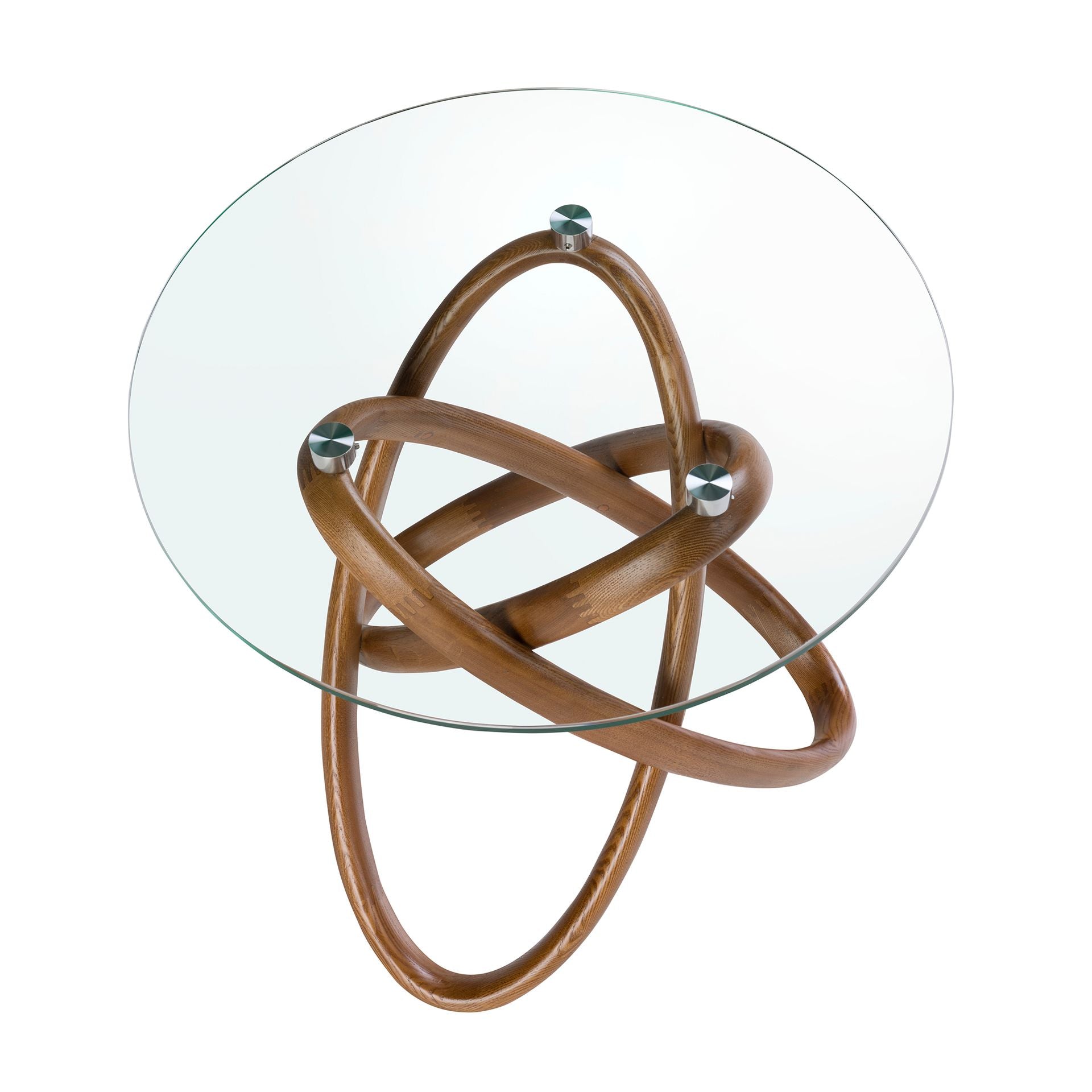 Tavolo angolare rotondo in vetro temperato e noce