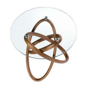 Tavolo angolare rotondo in vetro temperato e noce