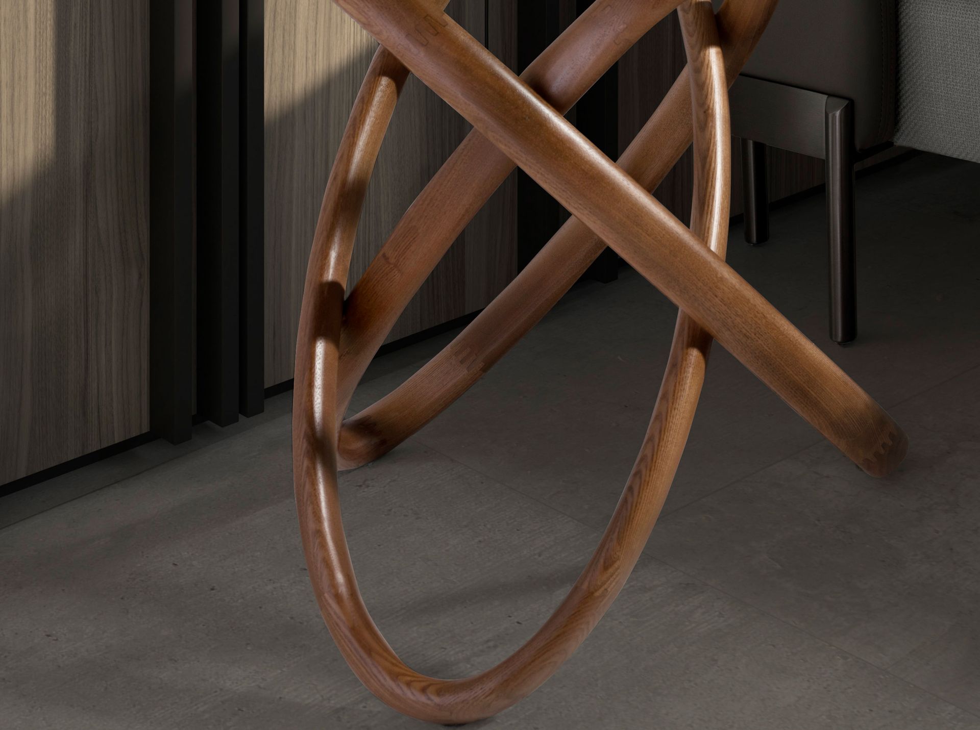 Tavolo angolare rotondo in vetro temperato e noce