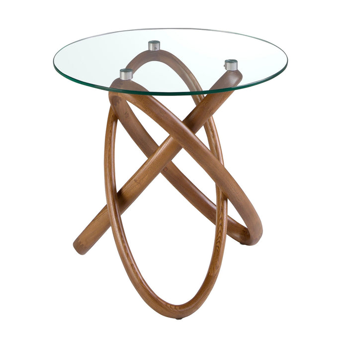 Tavolo angolare rotondo in vetro temperato e noce