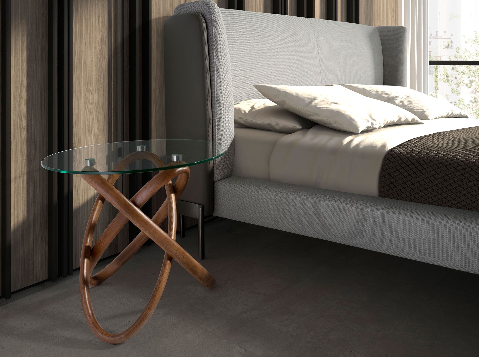 Tavolo angolare rotondo in vetro temperato e noce