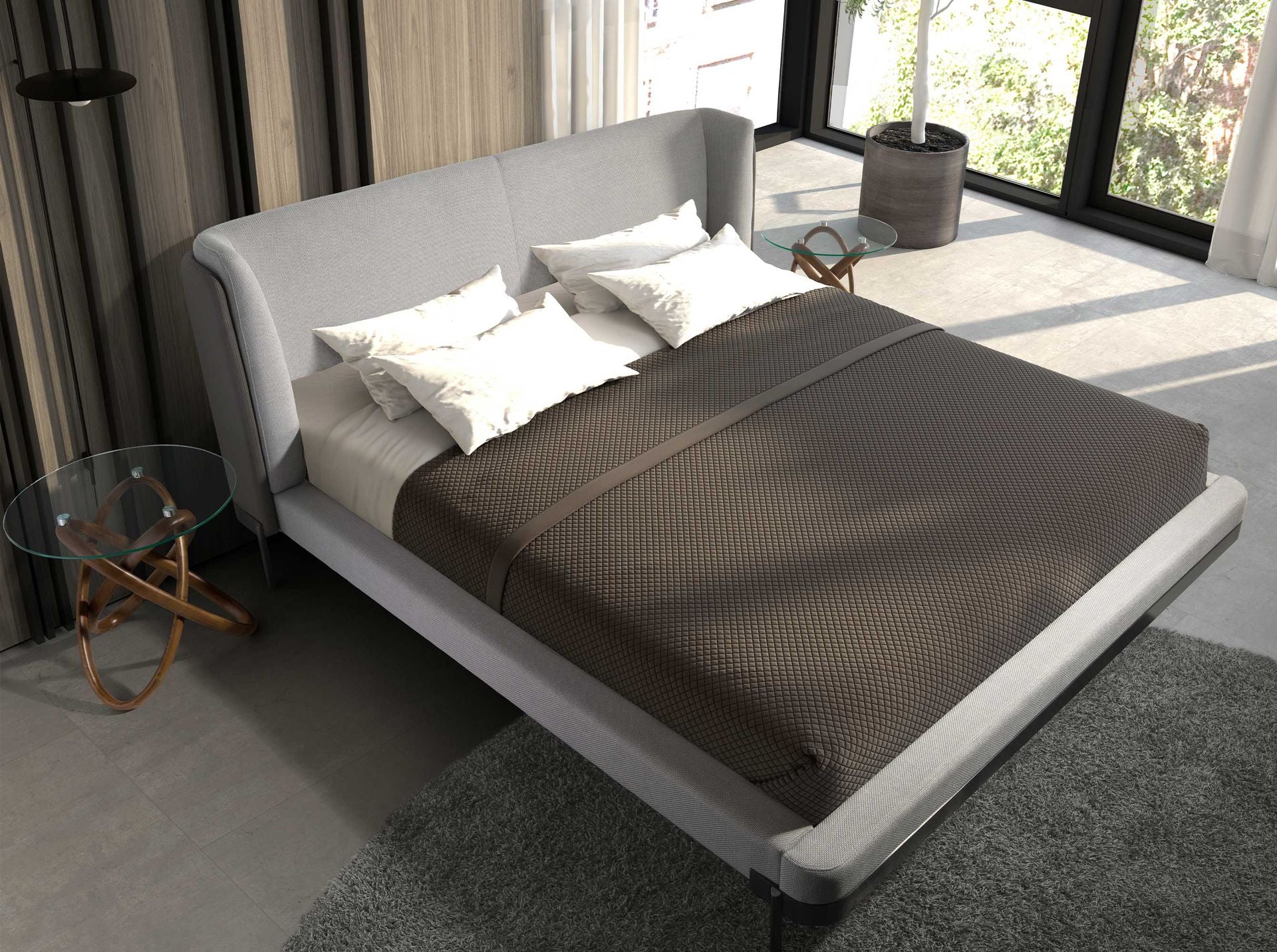 Tavolo angolare rotondo in vetro temperato e noce