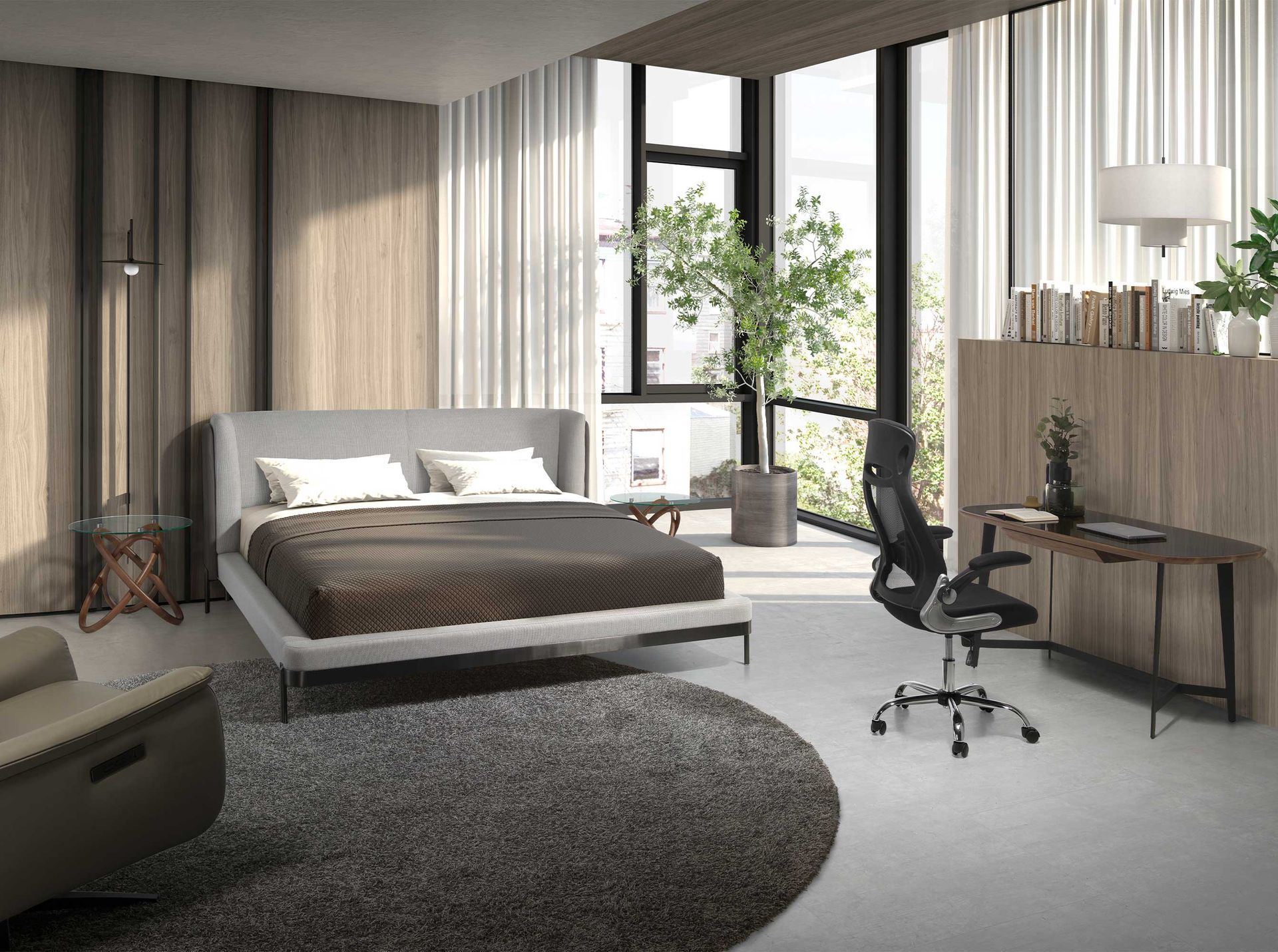 Tavolo angolare rotondo in vetro temperato e noce