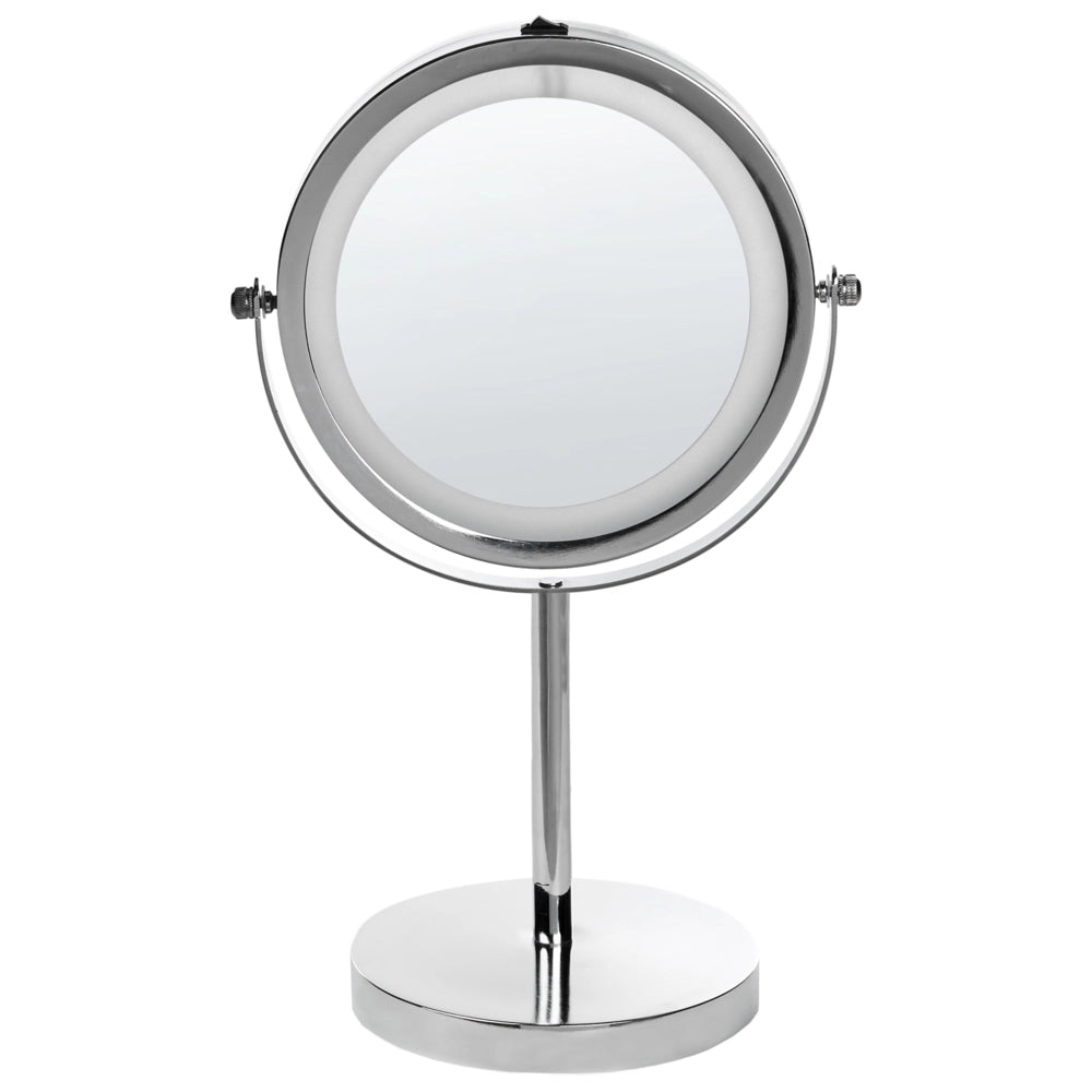 Specchio da tavolo illuminato in metallo argentato ø 20 cm con luci LED d'ingrandimento bifacciali