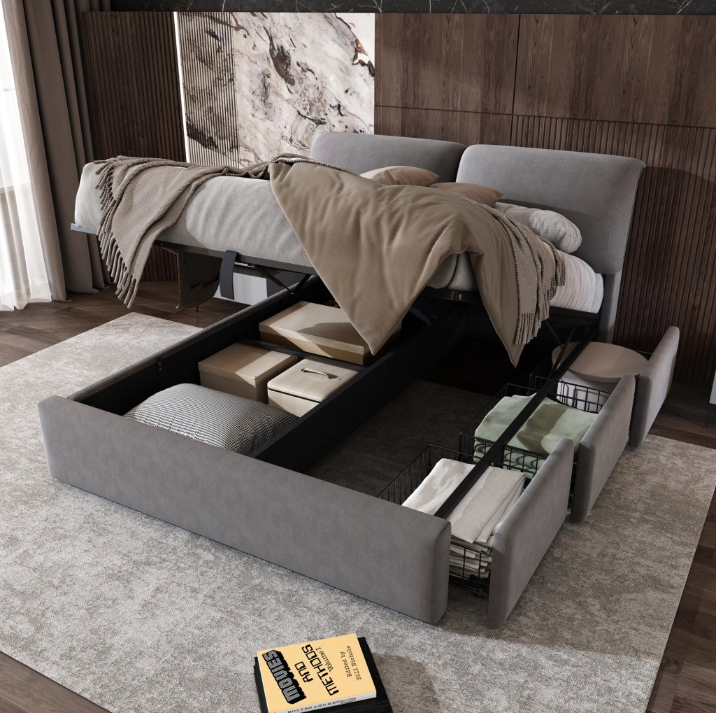 Letto imbottito grigio in velluto 140 x 190 cm con contenitore e 3 cassetti