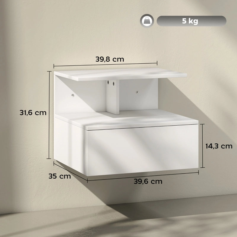Comodino sospeso con 1 cassetto e 1 vano aperto per camera da letto, in legno, bianco, 39,8 × 35 × 31,6 cm