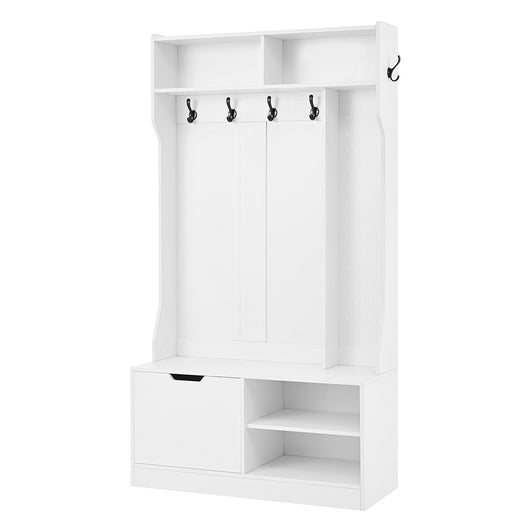 Set vestiario completo con panchina - Xylo - 6 ganci, 1 anta, 4 ripiani aperti, bianco, 100x185.5x40 cm