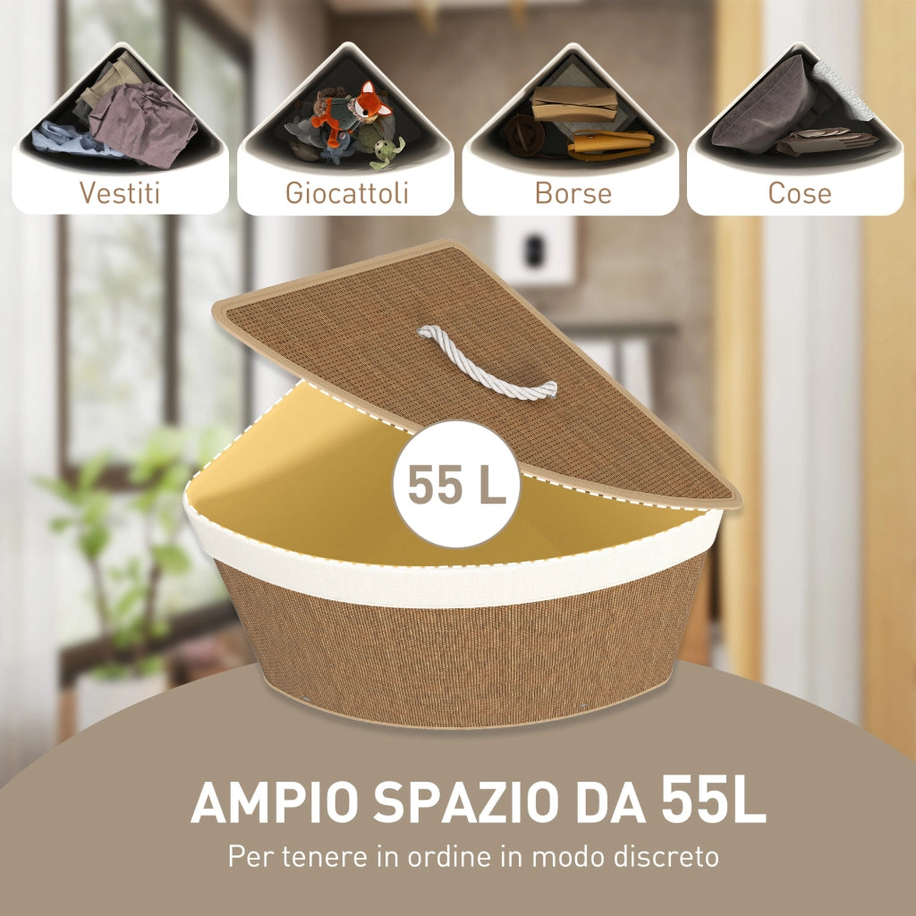Cesto Portabiancheria Angolare da 55L con Sacco Rimovibile 35x35x60 cm in Vimini e Bambù Marrone