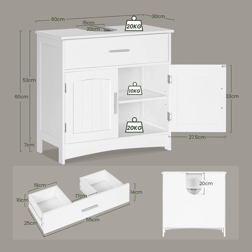Mobiletto da bagno, mobiletto per vanità, mobiletto da bagno bianco con cassetti, ripiano regolabile, mobiletto per lavabo in piedi, MDF, 60x30x60 cm