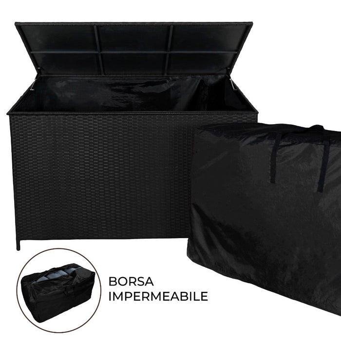 Rattan Box da giardino Nero Grande 138cm Cassapanca per cuscini 582L