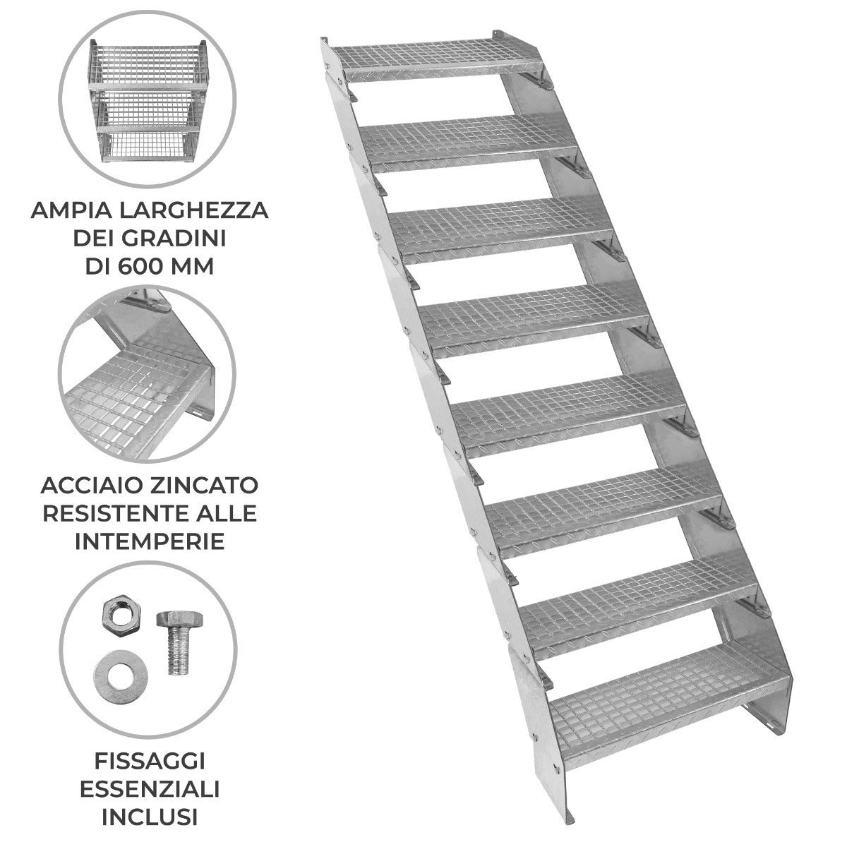 Scala metallica a 8 sezioni ad altezza regolabile in acciaio zincato 60 cm / 600 mm