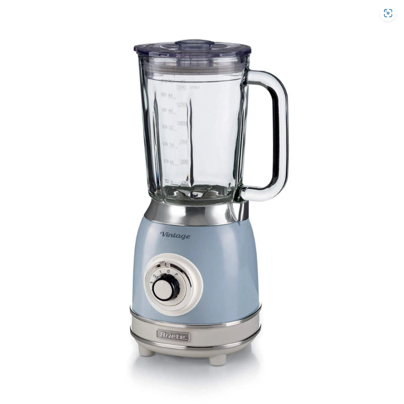 Ariete 583, frullatore vintage con tazza in vetro da 1,5 litri, 4 lame in acciaio inox, 4 velocità + pulse,1000 watt, celeste - ARI0583/05