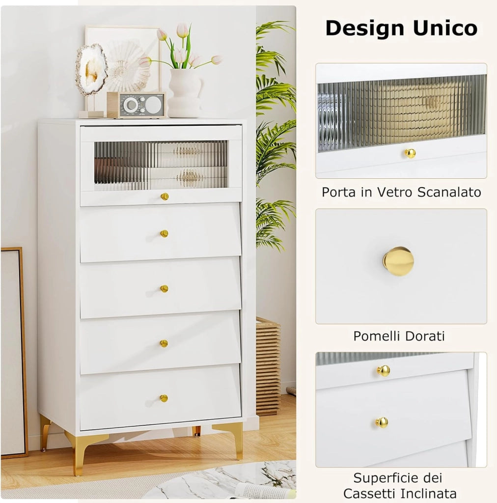 Cassettiera Camera da Letto con 4 Cassetti, Comodino Salvaspazio con Scomparto con Vetrina Ribaltabile, Mobile per Soggiorno Ingeresso e Studio, 60 x 40 x 112,5 cm, Bianco