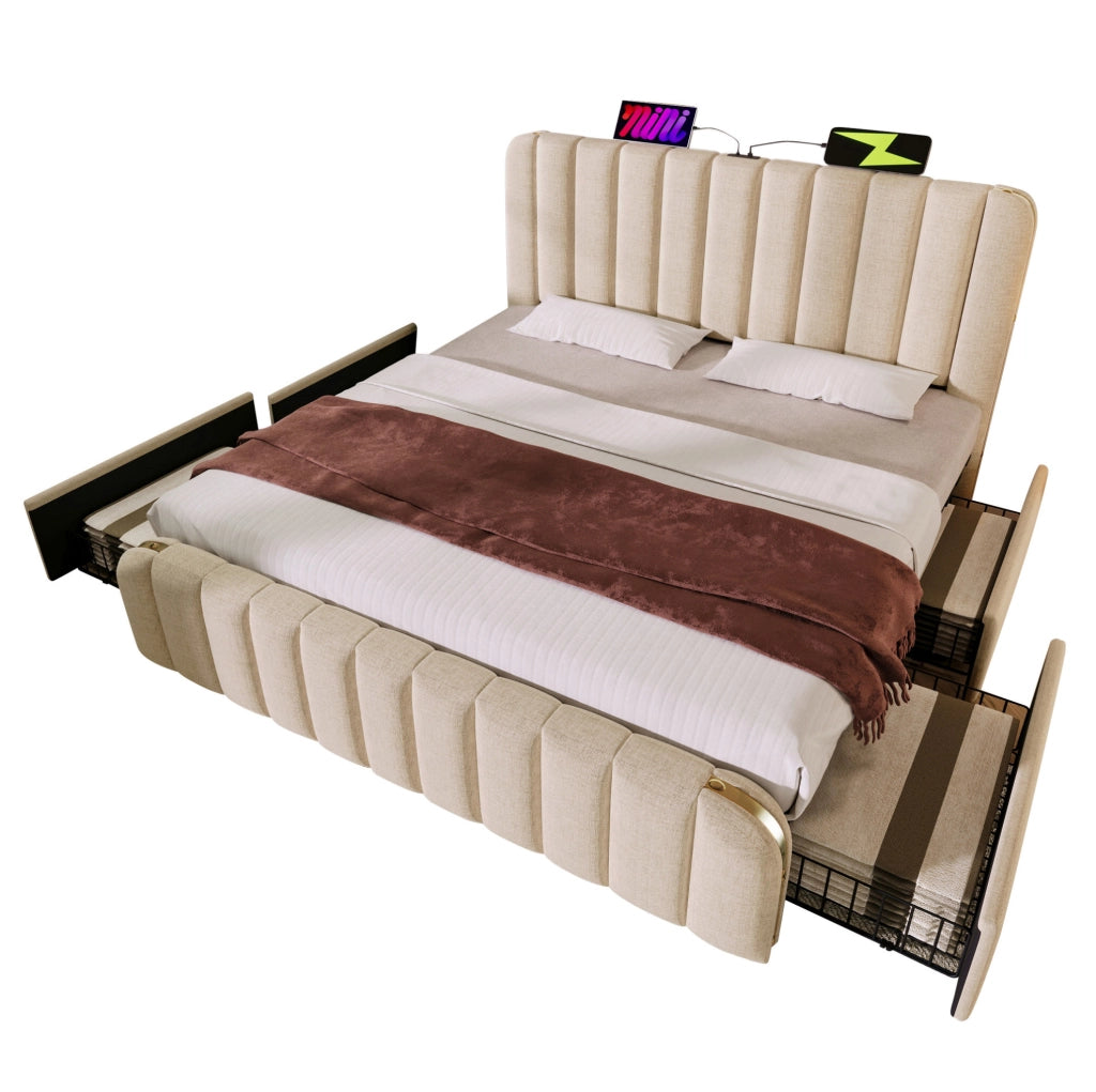 Letto matrimoniale 160x200 cm con 4 cassetti e USB C; lino beige