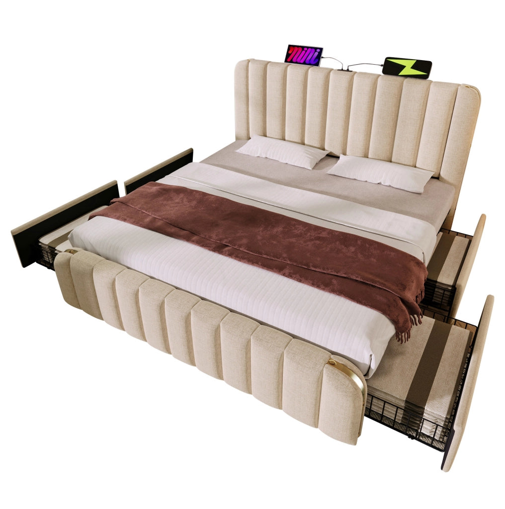 Letto matrimoniale 160x200 cm con 4 cassetti e USB C; lino beige