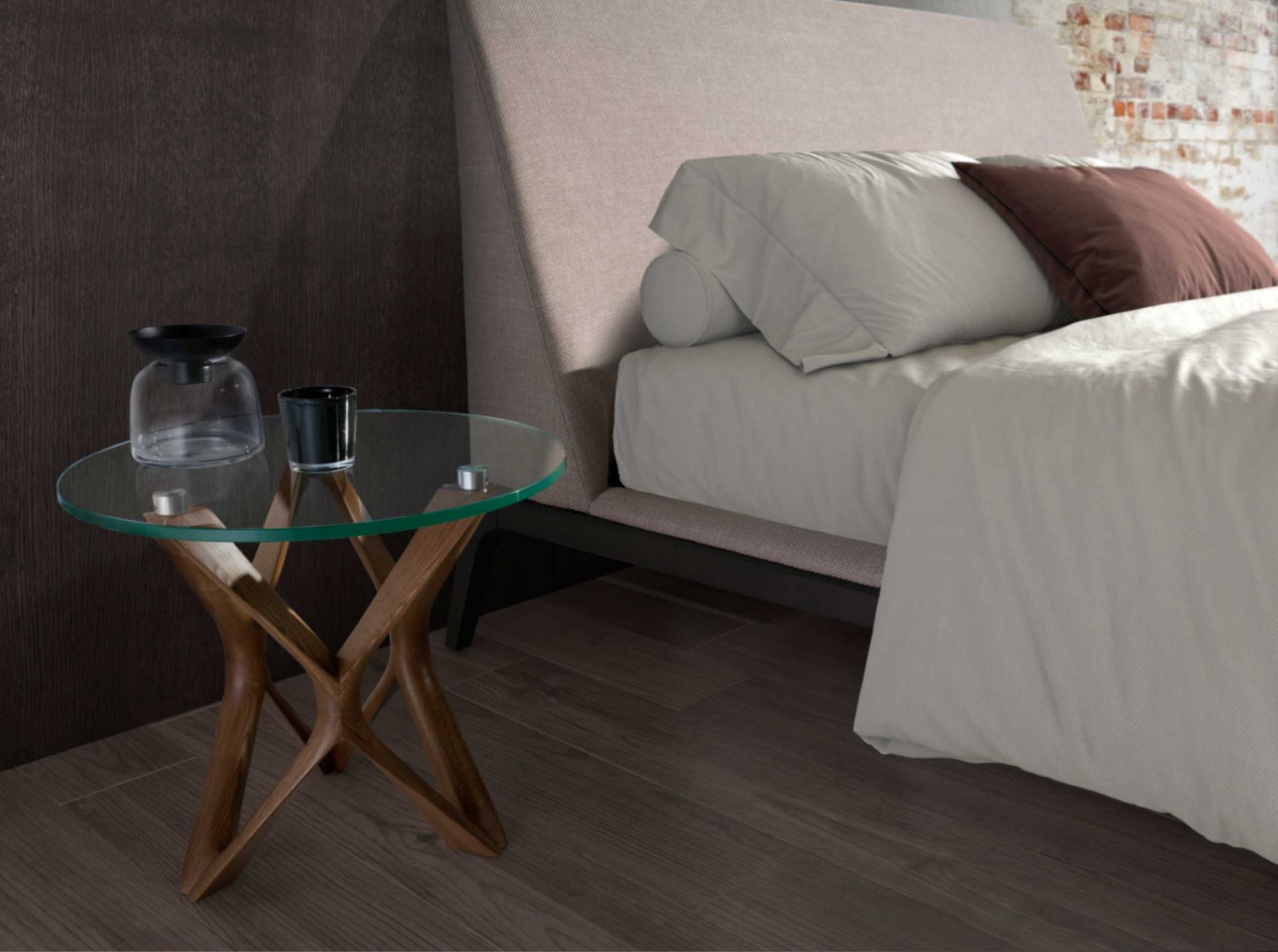 Tavolo angolare rotondo in vetro temperato e noce