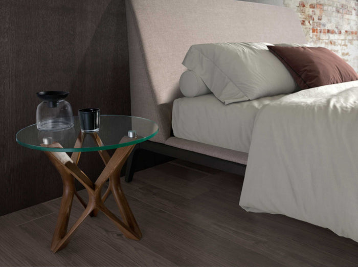 Tavolo angolare rotondo in vetro temperato e noce