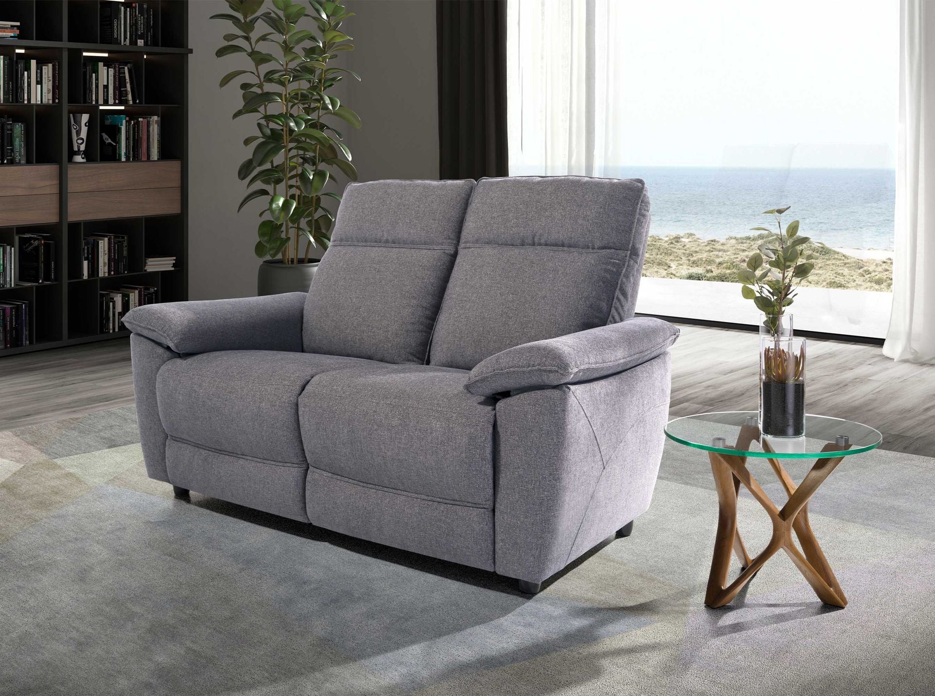 Tavolo angolare rotondo in vetro temperato e noce