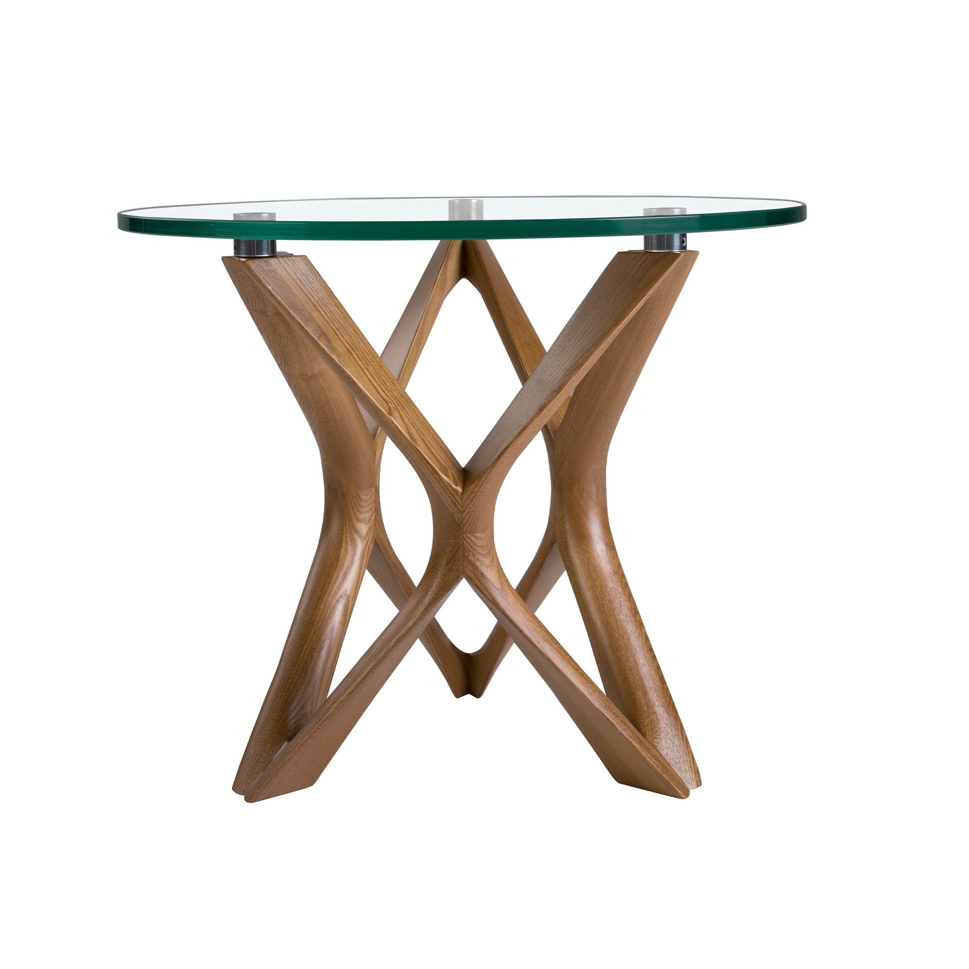 Tavolo angolare rotondo in vetro temperato e noce