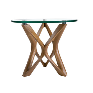 Tavolo angolare rotondo in vetro temperato e noce