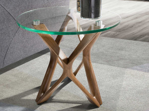 Tavolo angolare rotondo in vetro temperato e noce