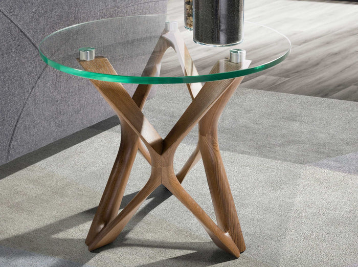 Tavolo angolare rotondo in vetro temperato e noce