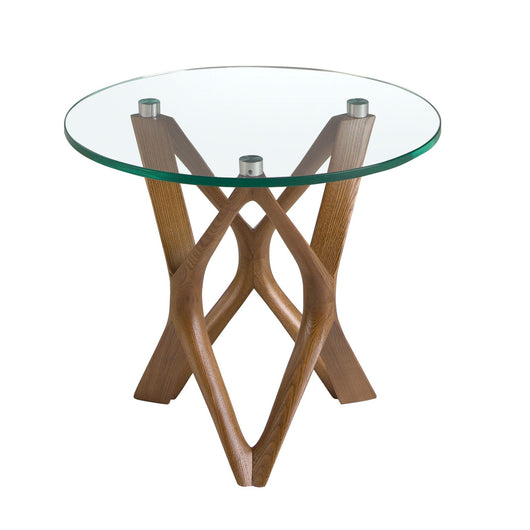 Tavolo angolare rotondo in vetro temperato e noce