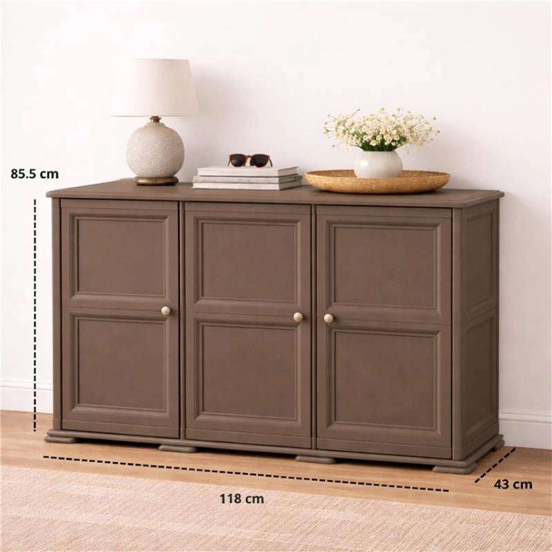 ARMADIO 3 ANTE WENGÉ 118X43X85,5 CM CON PUNTALI E ANTE EFFETTO LEGNO – MOBILE CONTENITORE MULTIUSO PER SALOTTO E BALCONE COPERTO