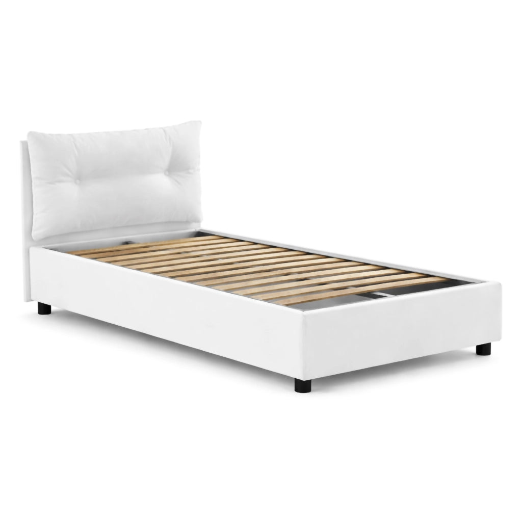 Letto singolo Amaro, Letto contenitore con rivestimento in tessuto, Made in Italy, Apertura frontale, adatto per materasso cm 80x190, Bianco
