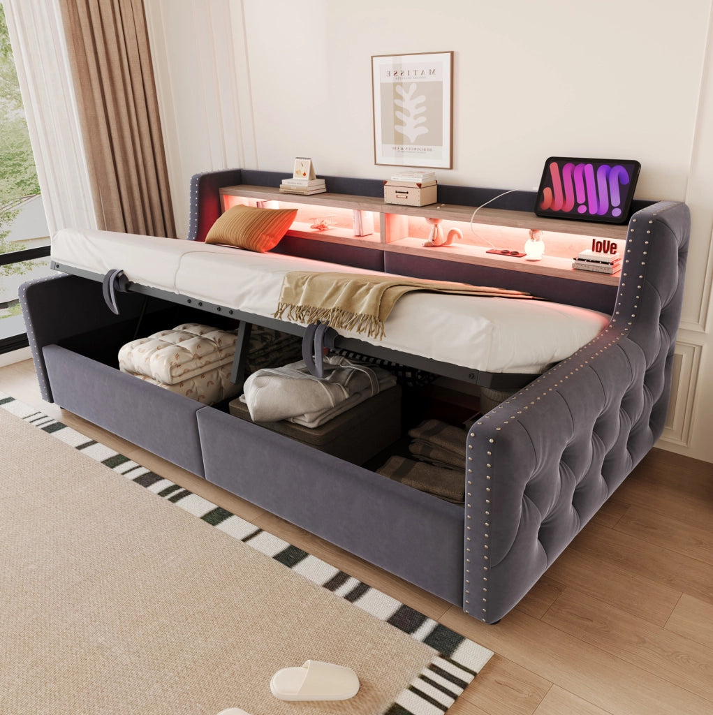 Divano letto 90x200 cm con contenitore, LED, USB e USB-C in velluto grigio