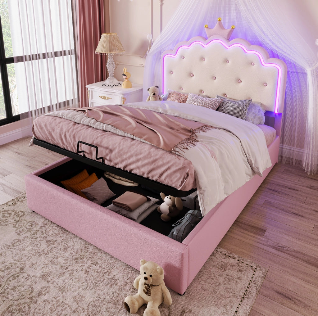 Letto imbottito 140x200 cm con luce LED e vano contenitore; PU rosa (Senza materasso)