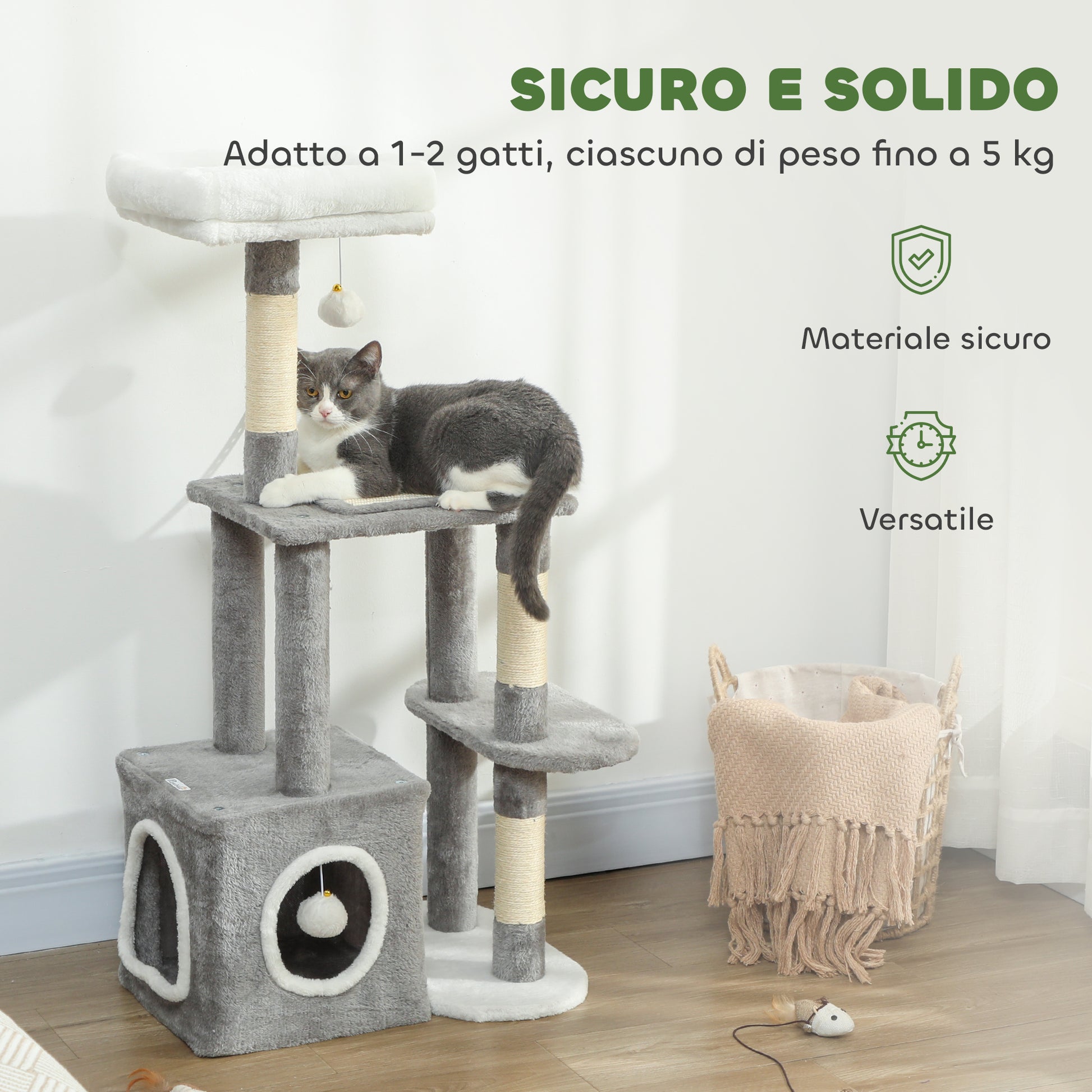 Albero Tiragraffi per Gatti con Casetta e 2 Palline 55x40x107cm Grigio e Bianco