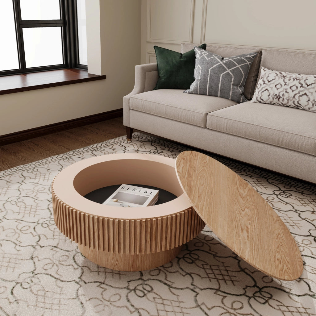 Tavolino basso contenitore rotondo con vano interno, in MDF e impiallacciatura effetto legno, per soggiorno, 75 cm