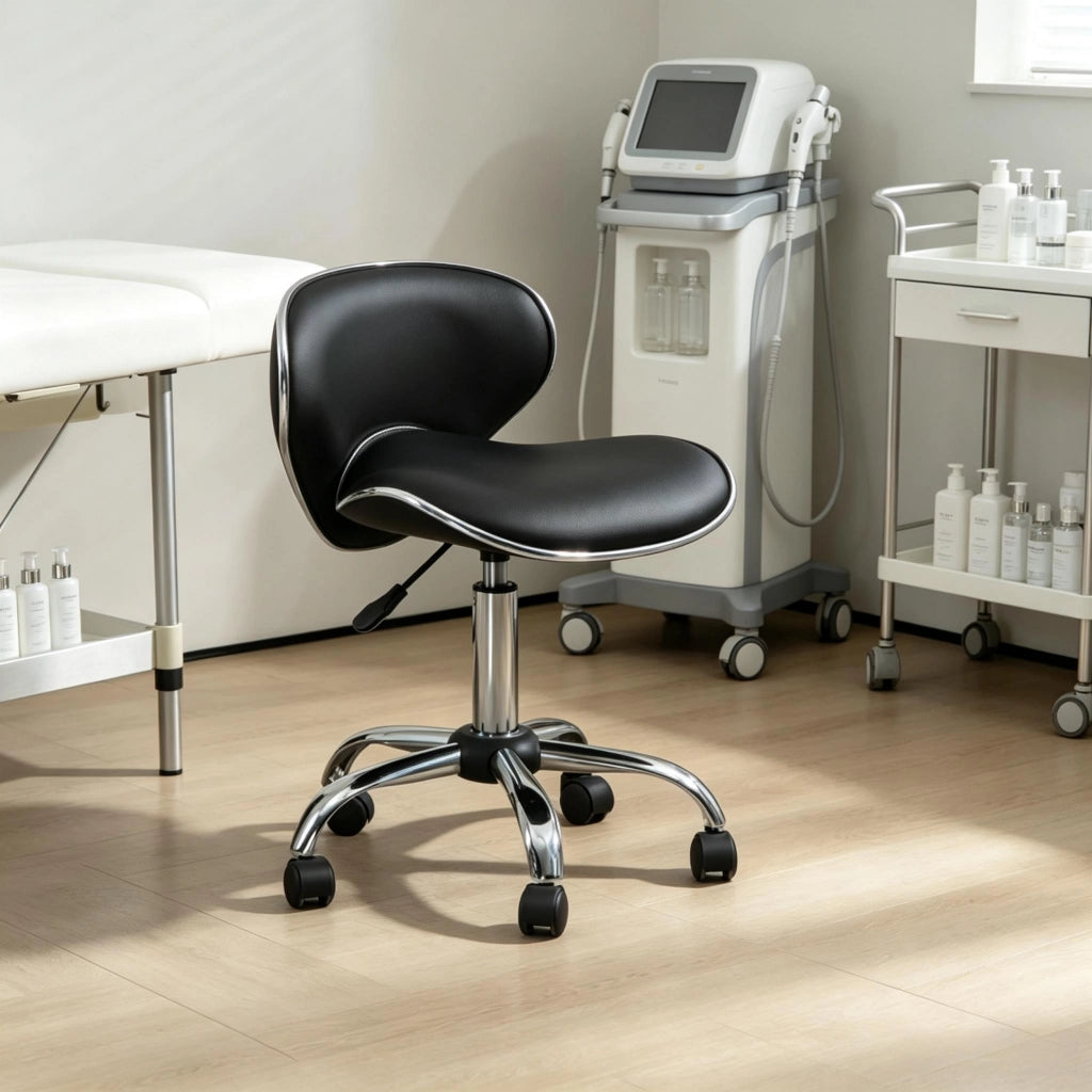 Sgabello da scrivania regolabile con schienale e ruote girevole a 360° in poliuretano nero 62-74 × 44 × 48 cm