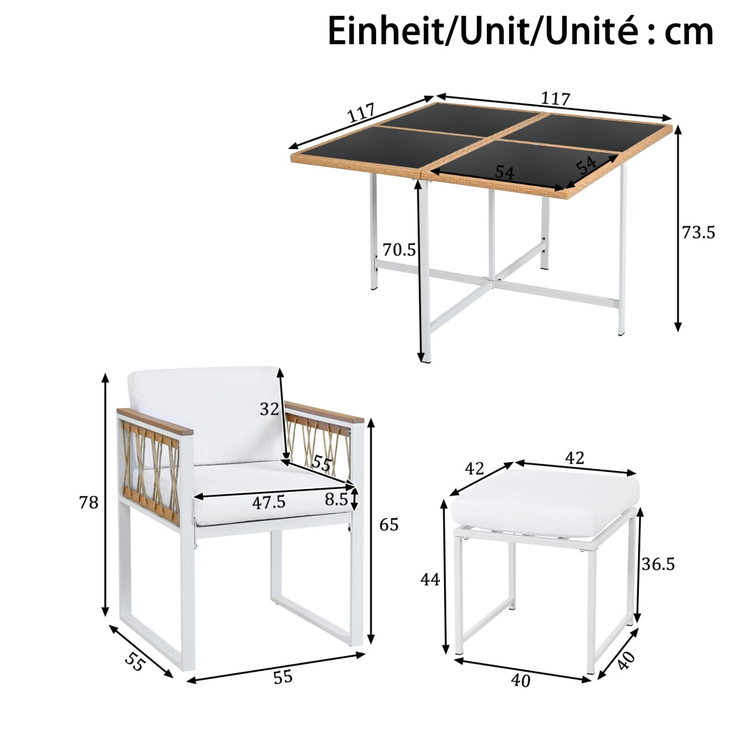 Set da pranzo per esterni da 6 posti con tavolo quadrato, 4 sedie e 2 pouf, struttura in acciaio, nero e bianco