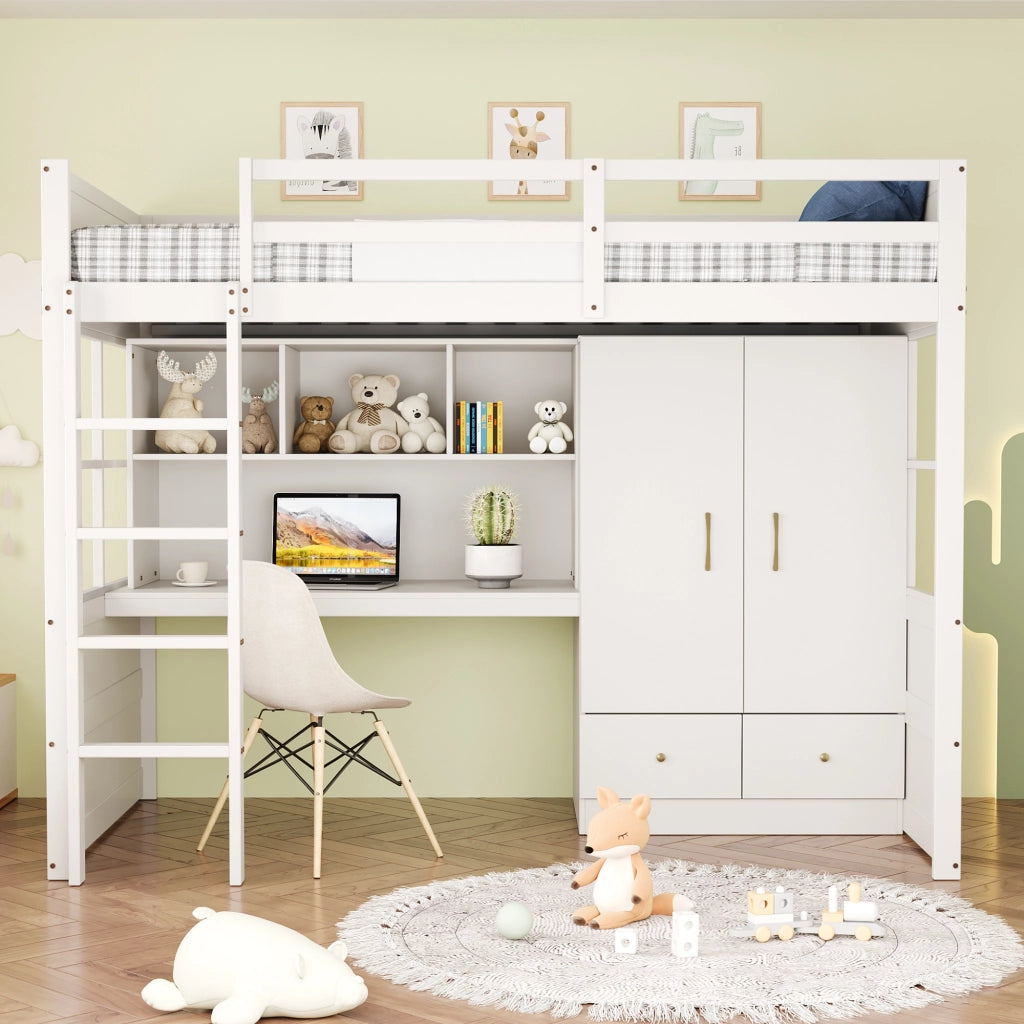 LETTO A CASTELLO 90 x 200 cm con scrivania, armadio e cassetti, bianco