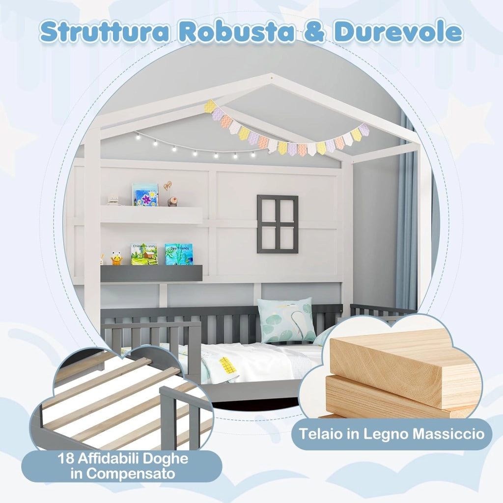 Letto per Cameretta a Forma di Cassetta 90 x 200 cm, per Bambini Struttura di Legno di Pino, Letto Casetta Montessori con 2 Ripiani Mensole e Protezione Anticaduta, Bianco e Grigio