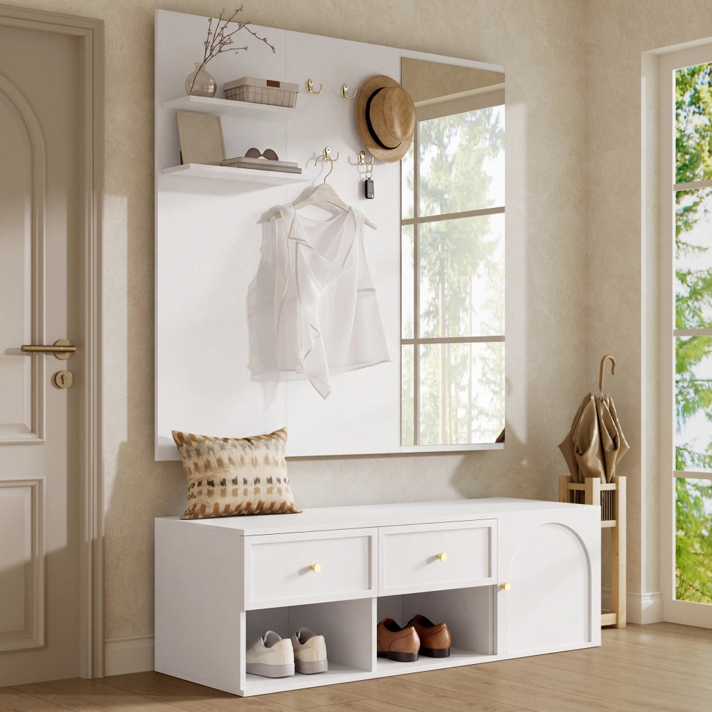 Mobile da ingresso con specchio, 5 ganci, 2 cassetti, vano con anta e ripiani aperti, bianco, per corridoio, 120 × 35 × 159 cm
