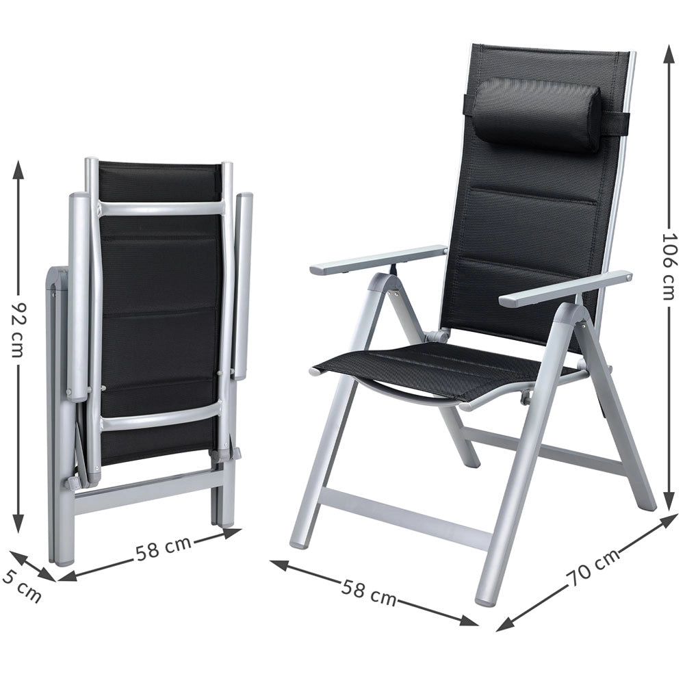 Set 2 Sedie da Giardino Alluminio Schienale Alto Extra imbottito Pieghevoli Nero