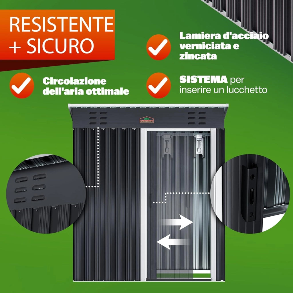 Casetta da Giardino Porta Attrezzi 185x165x90cm 1,5m² con Porta Scorrevole Armadio da Esterno in Metallo