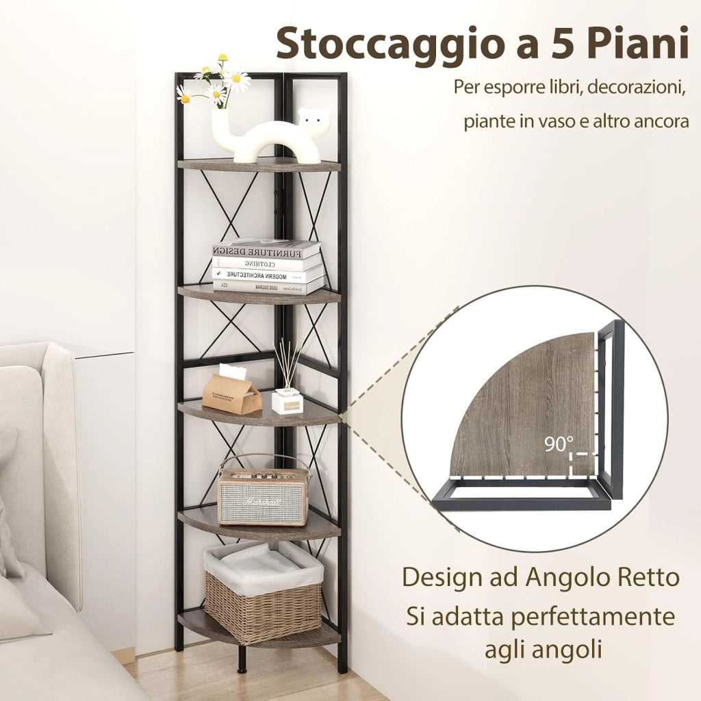 Scaffale Angolare, Libreria Industriale a 5 Ripiani con Struttura in Metallo, Libreria a Scale per Soggiorno Ufficio Cucina Spazi Piccoli, 35x35x160 cm (Grigio Rovere)