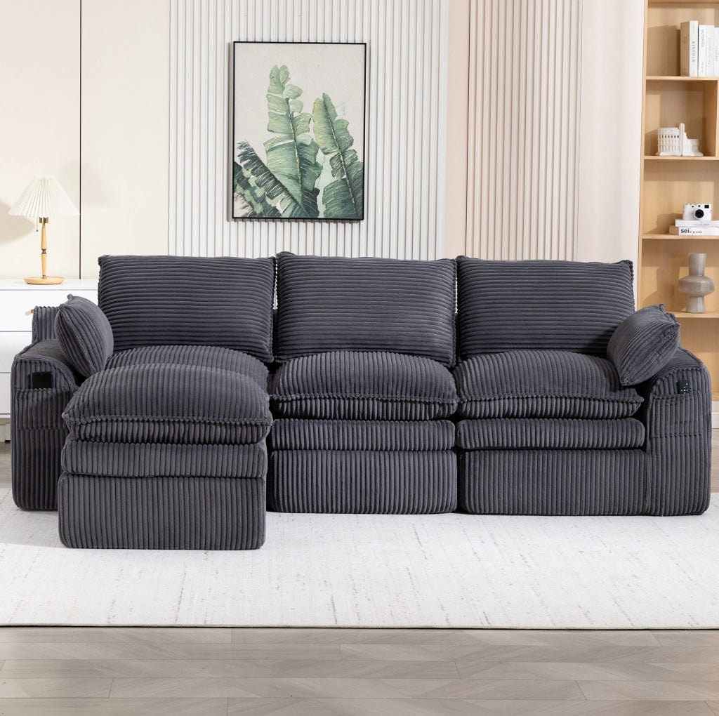 Divano modulare 3 posti con pouf in velluto a coste grigio scuro, confortevole e versatile
