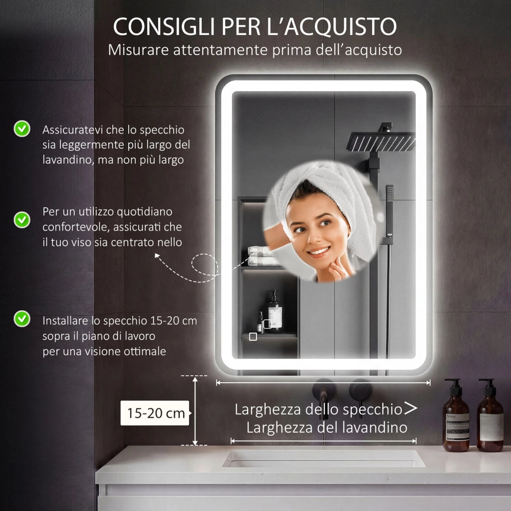 Specchio Bagno LED con Touch e Antiappannamento ¨C Xylo ¨C 70x100cm Bianco