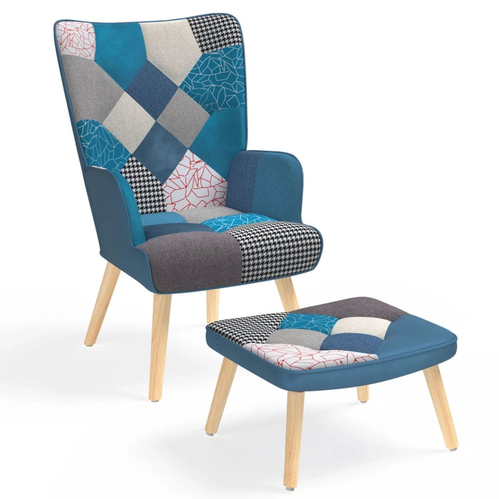 IDMarket - IVAR Poltrona scandinava con poggiapiedi in tessuto patchwork e velluto blu