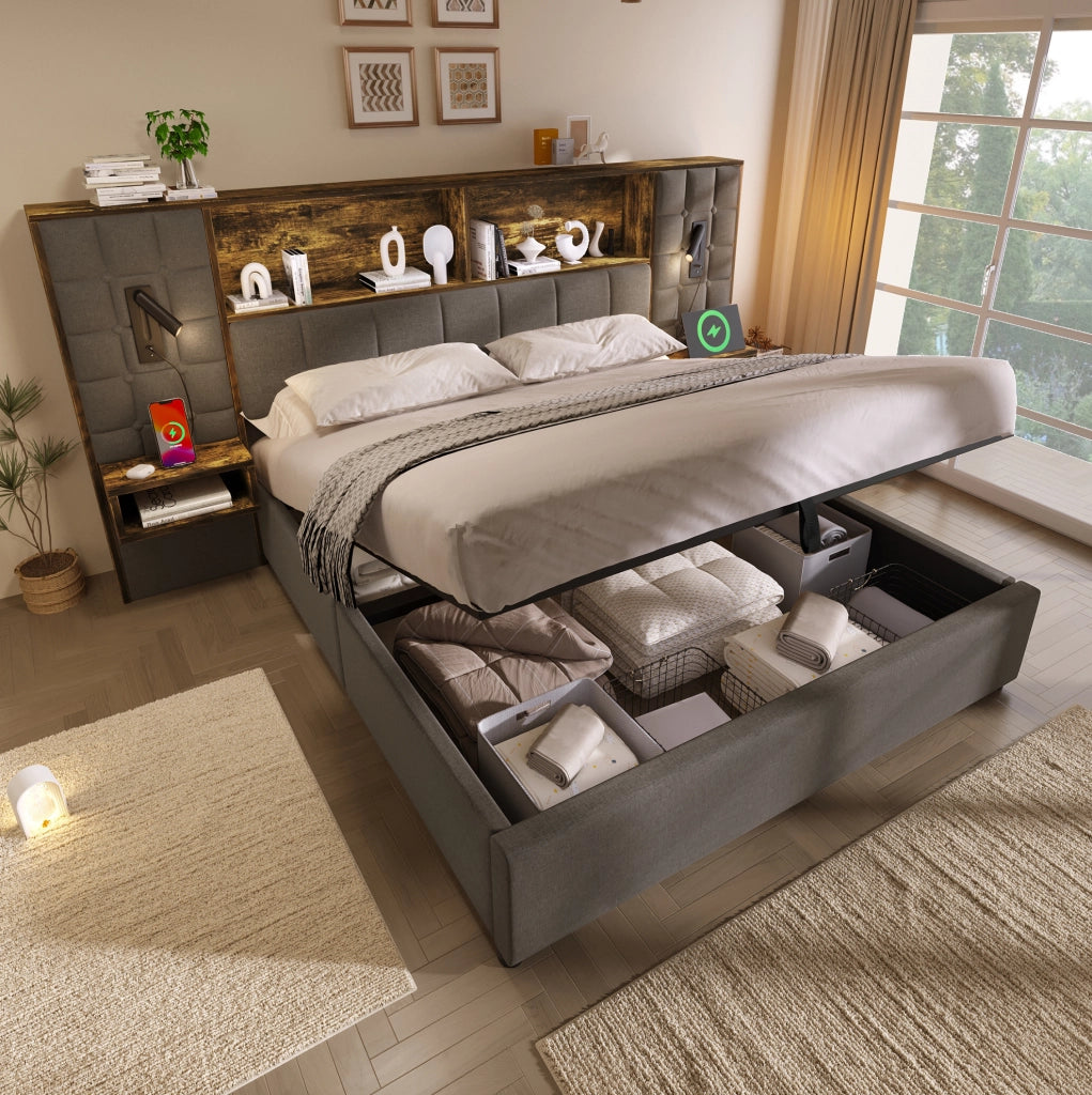 Letto matrimoniale 160x200 grigio con LED, USB-C e contenitore