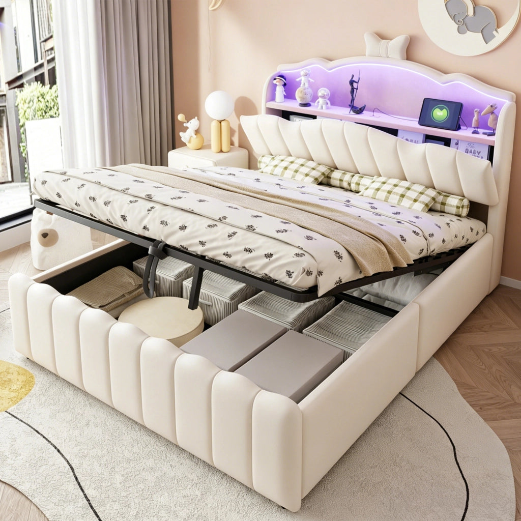 LETTO 140x200 cm imbottito in velluto beige con LED, USB, USB-C e vano contenitore
