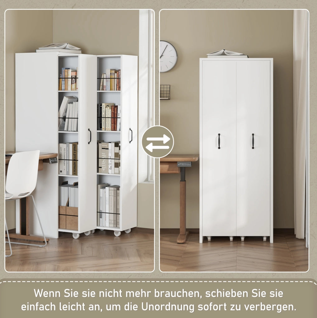 Libreria estraibile su ruote a 4 ripiani; MDF bianco; 51;5 x 41 x 158 cm